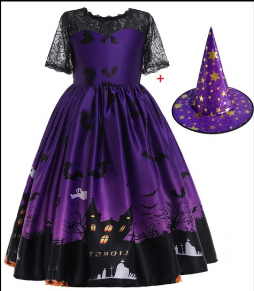 Halloween Princess Witch Dress – Kids’ Girls Costume with Hat - Image 4