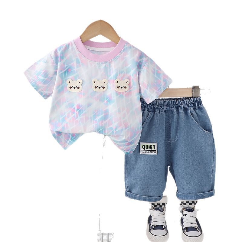 ThreeBear™ – Cute Tie-Dye Cotton Tee & Denim Shorts Set for Kids - Image 6