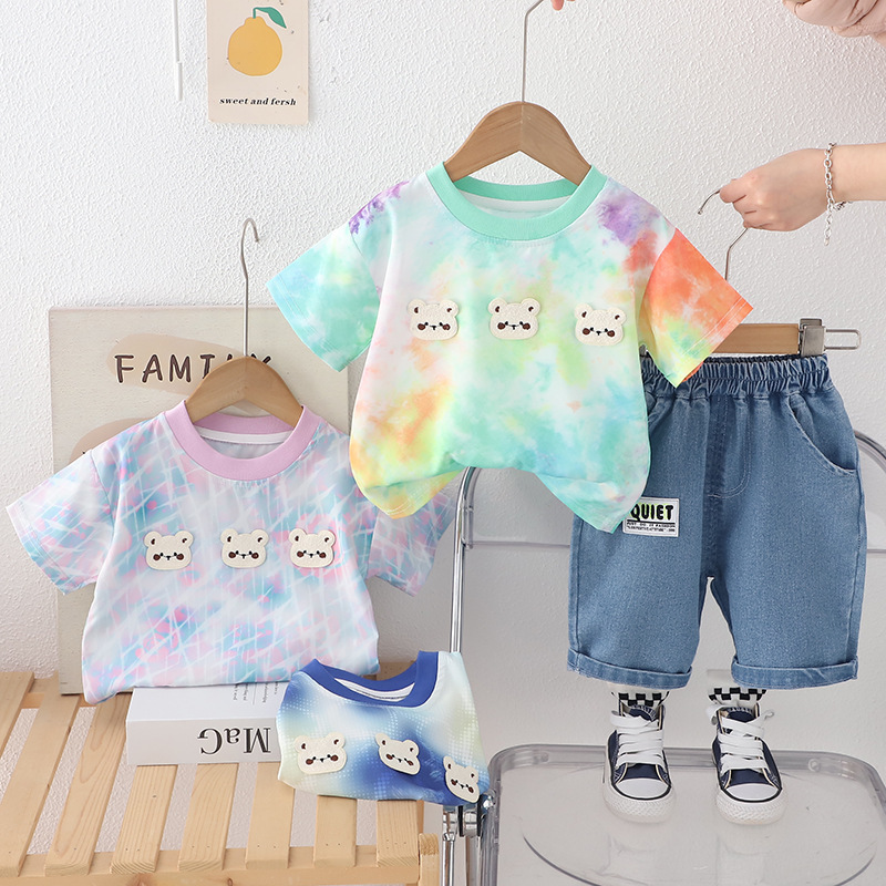 ThreeBear™ – Cute Tie-Dye Cotton Tee & Denim Shorts Set for Kids