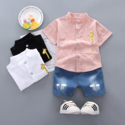 GiraffeChic™ – Cotton Short Sleeve Shirt & Denim Shorts Set for Boys
