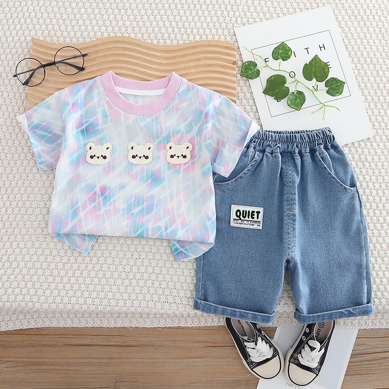 ThreeBear™ – Cute Tie-Dye Cotton Tee & Denim Shorts Set for Kids - Image 5