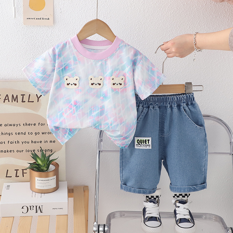 ThreeBear™ – Cute Tie-Dye Cotton Tee & Denim Shorts Set for Kids - Image 2