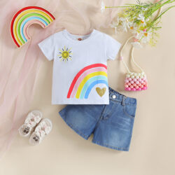 🌈 Rainbow Days™ – Girls’ Summer Cotton Top & Denim Shorts Set
